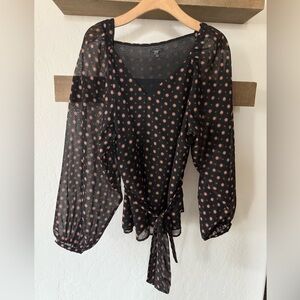 Ann Taylor|Boho floral sheer black long sleeve blouse with tie waist•Oversized